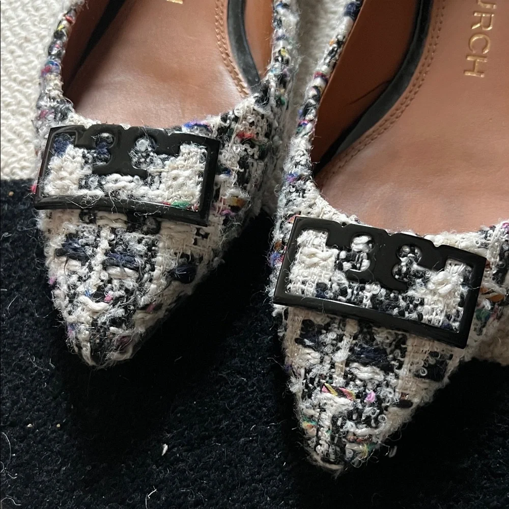 Tory Burch Women's Ivory Multicolor Tweed Pointy Toe Flats - Picture 7 of 12
